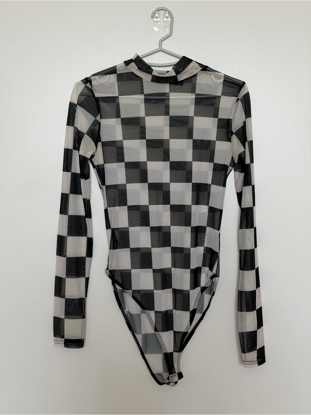 Nasty Gal Black & White Checkered Mesh Bodysuit